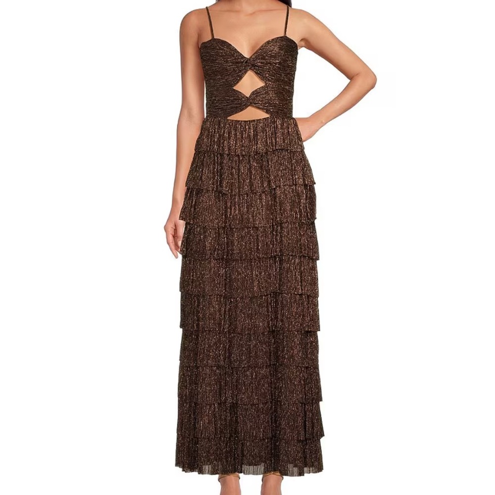 Giani Bernini Grace Metallic Plisse Sweetheart Neck Cut-Out Tiered Dress